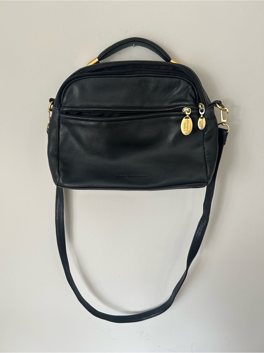 Stone Mountain Black Leather Crossbody Handbag with Gold Hardware